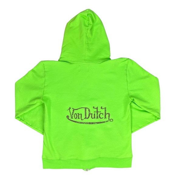 Von Dutch Tops - Von Dutch Brown Logo Neon Green Full-Zip Hoodie